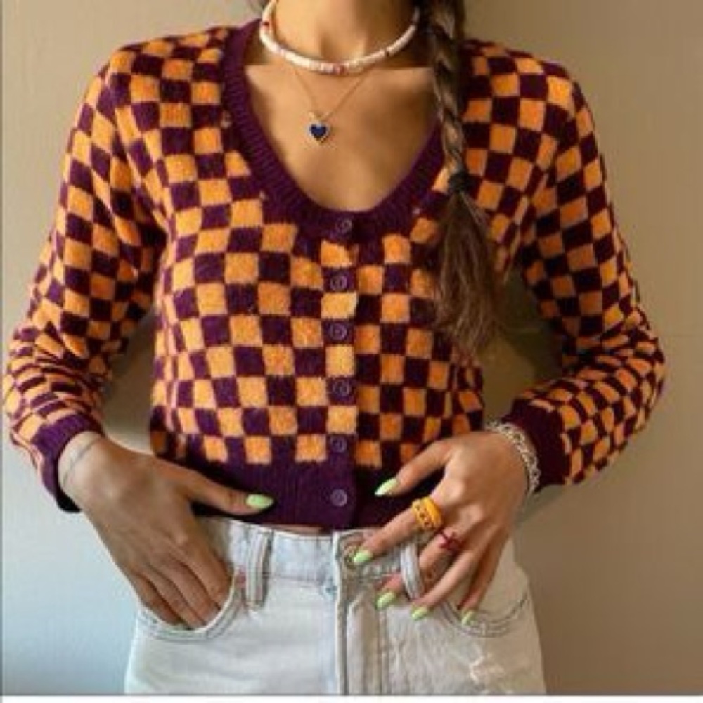 Zara Checkerboard Cropped Cardigan | Size Small | Maroon & Mustard - Picture 2 of 13